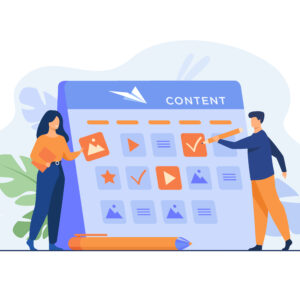 Happy SEO planning campaign for social media isolated flat vector illustration. Cartoon tiny characters standing near calendar with plan for website content. development and communication concept